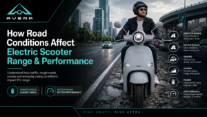 Electric scooter riding on different road conditions showing impact on range and performance