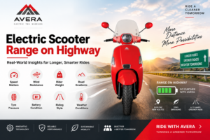Electric Scooter Range on Highway showing long-distance riding, battery efficiency, speed, and real-world range factors