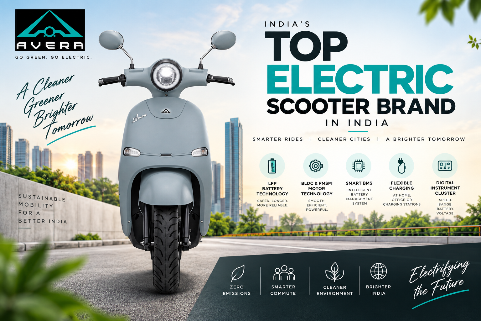 Top Electric Scooter Brand in India featuring AVERA electric scooters and advanced electric mobility technology