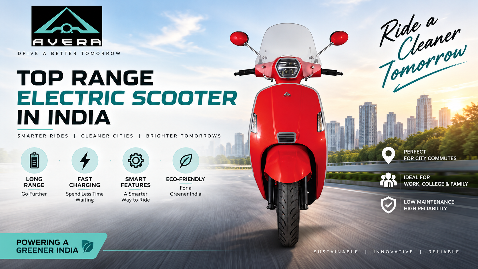 Top Range Electric Scooter in India by AVERA for long-distance and daily commuting
